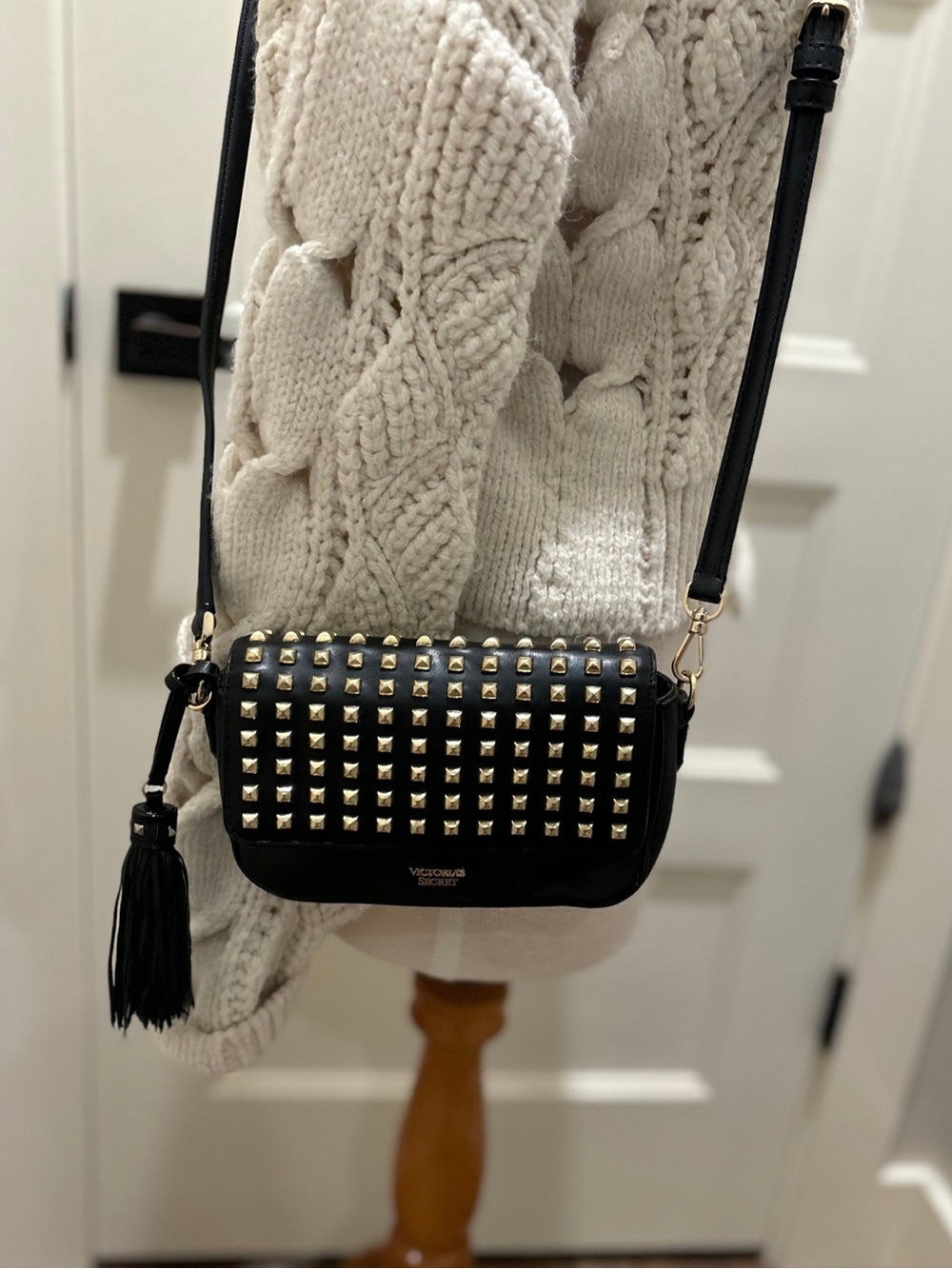 Victoria’s Secret Black Studded Crossbody Bag Gold Hardware Tassel